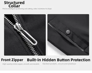 Detailed view of men's casual black jacket featuring metal zipper and snap button pockets