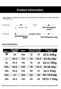 Detailed size chart for men's casual long sleeve shirt with fabric and fit info