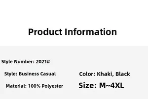 Detailed size chart and material specs for business casual polyester jacket, sizes M to 4XL