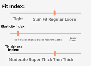 Detailed size chart showing regular fit, non-stretch fabric, and moderate thickness index