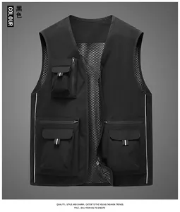 Detail view of black multi-pocket mesh vest with zippers and reflective strips