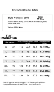 Detailed size guide table for men's lightweight nylon sports jacket with M to 5XL specs