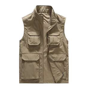 Gilet multipoches pour hommes en kaki avec col montant et doublure en filet pour extérieur