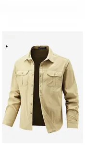 Close-up of khaki outdoor cargo shirt featuring ripstop fabric and dual chest pockets