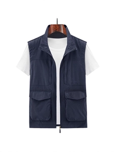 Men's navy multi-pocket outdoor vest in lightweight waterproof fabric for fishing and hiking