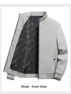 Detailed front view of khaki casual jacket with striped ribbed collar and lettered lining