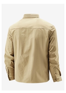 Detail view of the back of a khaki long-sleeve casual outdoor shirt with ripstop texture