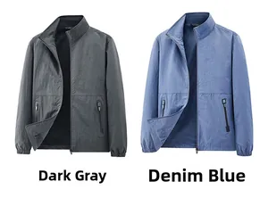 Detail view of lightweight men's stand collar jackets in dark grey and denim blue