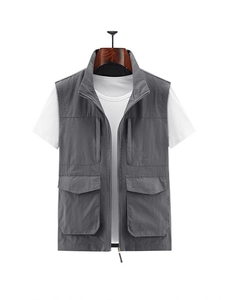 Men's outdoor utility vest in dark grey featuring multi-pockets and a casual stand collar