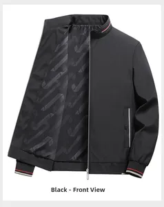 Detail of black stand collar jacket featuring red and white striped cuffs and zip closure