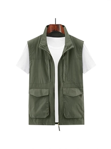 Men's outdoor utility vest in army green featuring multi-pocket design and zip-up collar style