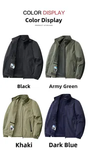 Detail view of lightweight jackets in black, green, khaki and blue with functional pockets