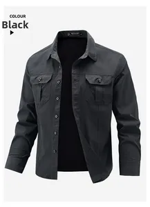 Close-up of black outdoor leisure shirt showing collar labels and durable cotton texture