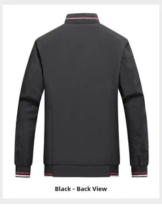 Rear view of black standing collar casual jacket with red and white striped ribbed trim