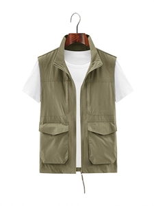 Army green outdoor utility vest with multiple pockets and zipper closure for men