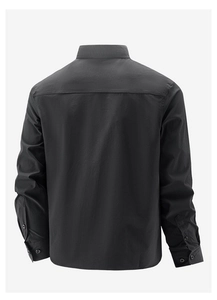 Detail view of the black casual shirt back showing yoke stitching and round cuffs