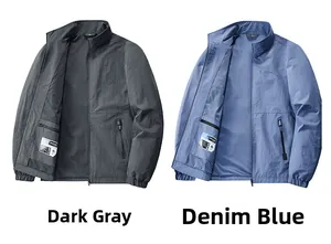 Detail view of lightweight stand collar jackets in dark grey and denim blue fabric