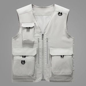 Men's light grey multi-pocket outdoor tactical vest with breathable mesh back design