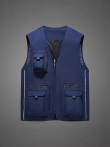 Men's outdoor functional fishing vest with multi-pockets and mesh lining in navy blue
