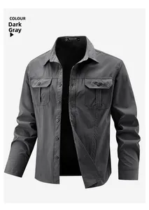 Detailed close-up of dark grey outdoor work shirt with reinforced collar and branding label