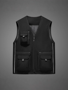 Men's breathable mesh fishing vest with multi-pockets and zip closure in black