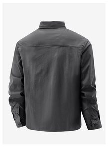 Detailed back view of charcoal grey long-sleeve casual shirt with shoulder stitch detail