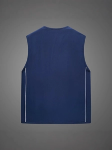 Back view of a navy blue quick-dry mesh vest with white side stripes for fishing and hiking