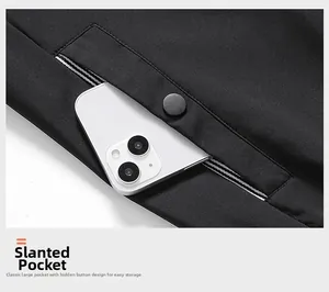 Detail view of jacket side pocket with decorative white stripes and metal snap button