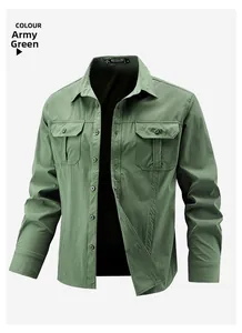 Detail view of army green outdoor shirt with multi-pocket design and high-elastic fabric