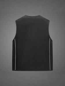 Men's mesh fishing vest in black with reflective white stripes on the back view