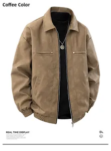 Detail view of coffee brown faux leather jacket with metal zipper and rivet accents