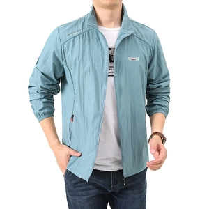 Men's light blue breathable sun protection jacket with stand collar for outdoor adventure