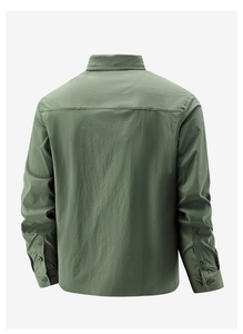 Detailed back view of a men's long-sleeve olive green cargo shirt with reinforced stitching