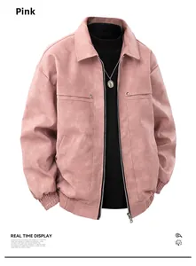 Detail of pink vintage faux leather jacket with metal zipper and ribbed cuffs