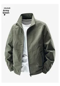 Detail of army green windproof jacket with stand collar and elasticated cuffs
