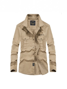 Chemise d'extérieur kaki pour hommes en coton avec poches poitrine et broderie off-road