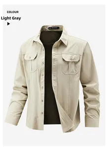 Close-up of light grey casual work shirt with double flap pockets and outdoor logo