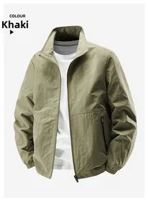 Detail of khaki men's windbreaker featuring a stand collar and elastic cuffs design