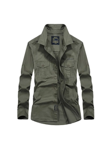 Chemise de travail homme en coton à manches longues style militaire avec poches poitrine
