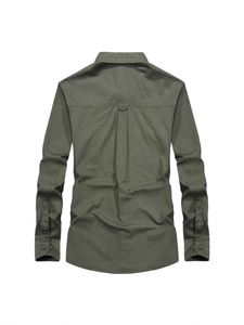 Chemise de travail militaire à manches longues en coton vert armée avec pli au dos