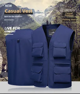 Detail view of navy multi-pocket utility vest with zip closure and outdoor gear features