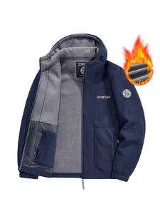 Giacca in pile con cappuccio da uomo con spessa fodera in sherpa grigio blu navy
