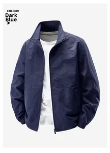 Detail of dark blue stand collar jacket with windproof fabric and zipper closure
