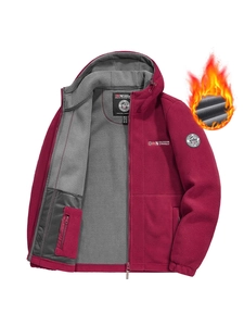 Giacca in pile bordeaux con cappuccio, fodera termica grigia e ricamo stile outdoor