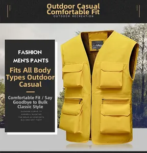 Detail view of yellow quick-dry outdoor vest with functional multi-pocket design and zipper