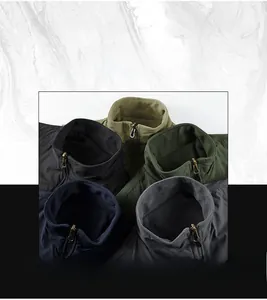 Detail of five colors of men's windproof fleece jackets with stand collar and metal zipper
