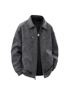 Men's vintage dark grey faux suede jacket with turndown collar and zipper closure
