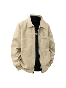 Classic light khaki faux suede bomber jacket with turn-down collar and zip closure
