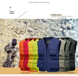 Detailed multi-pocket outdoor vest display in eight available colors with zip closure