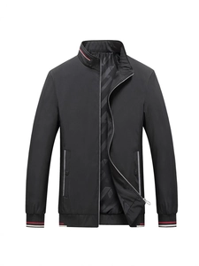 Classic black men's casual jacket with stand collar and striped rib-knit trims
